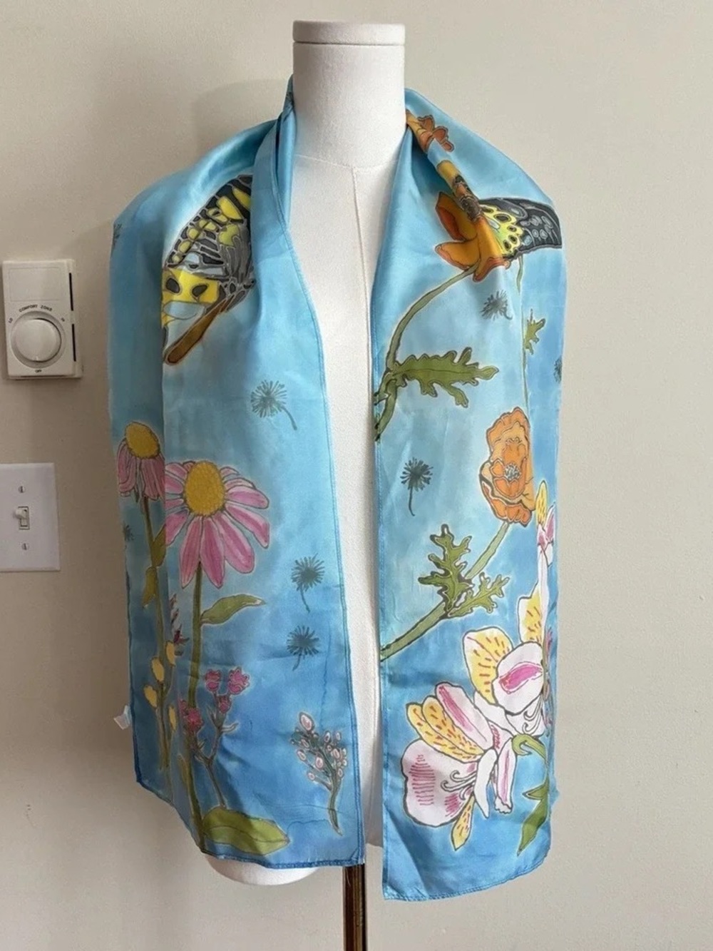Blue Floral Silk Scarf with Butterfly Accent